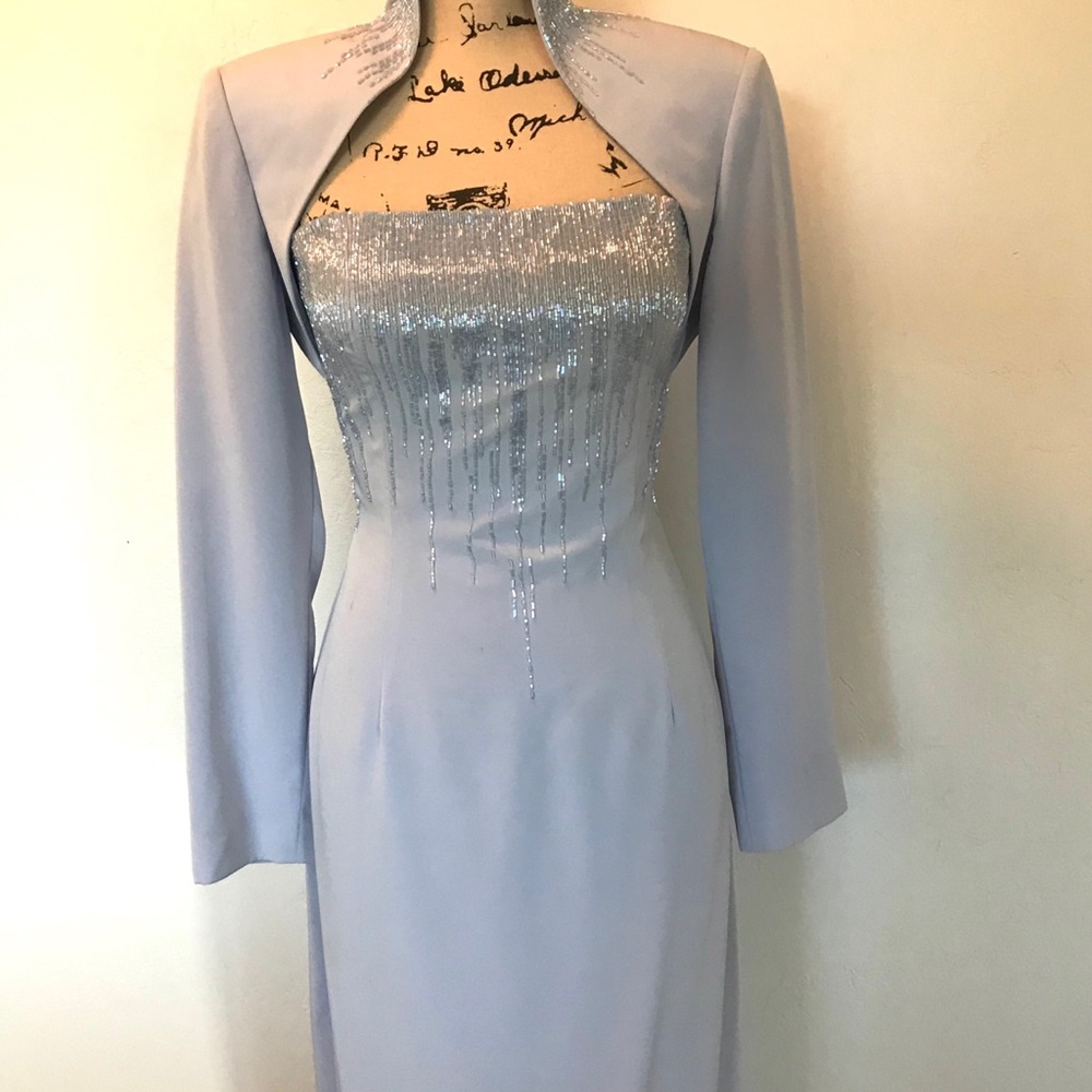 Jean Delys periwinkle blue beaded gown